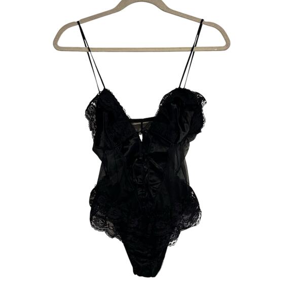 Vintage Black Sheer Lace Body Suit Womens Sz XS Whimsigoth Dark Romance Ruffles
